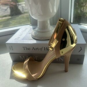 Liliana Gold and Tan Ankle Strap Stiletto Sandals